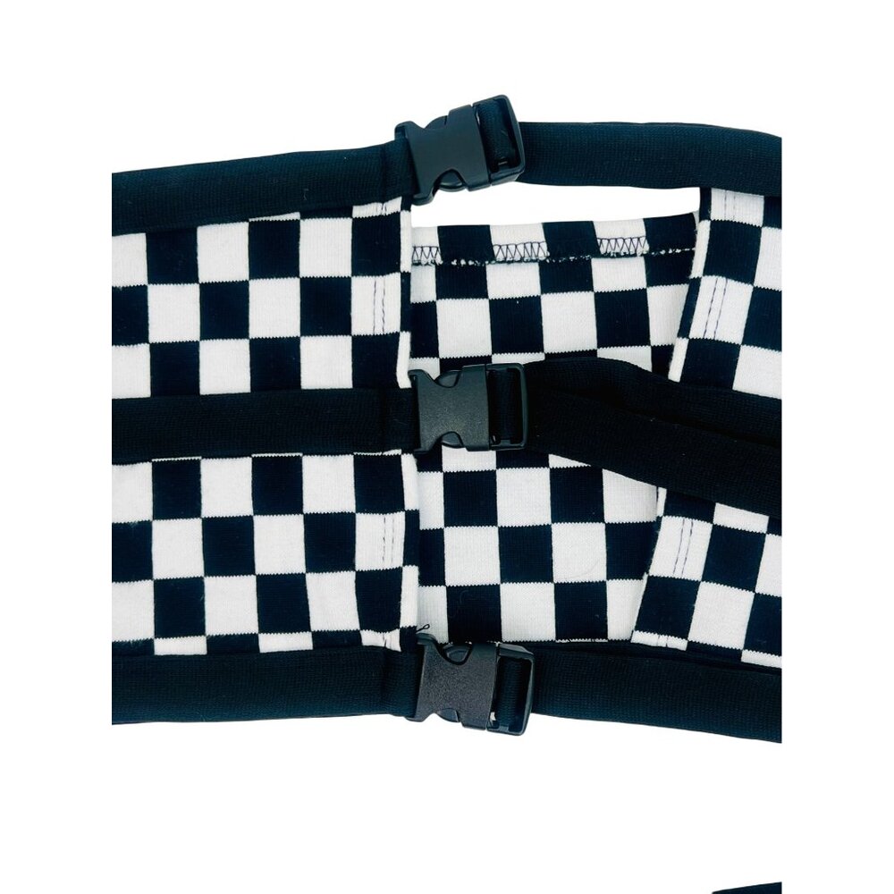 Checkered Black White Buckle Front Crop Top & Mini Skirt 2 Piece Set | Rave EDM - Picture 2 of 16